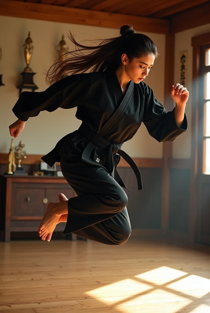 Make an image of one that looks like Danielle Rose Russell/ hope mikaelson as if she was doing karate