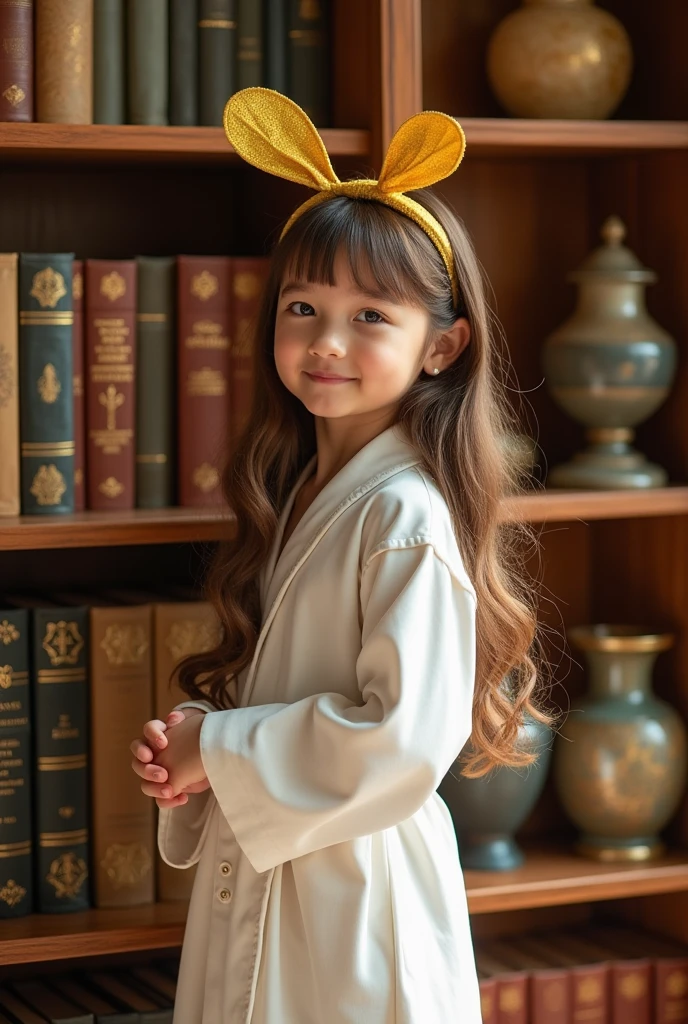 Girl with long brown hair and a bee antenna, She is wearing a white robe, breastsout, in her luxurious bookcase getting ready to go to a party