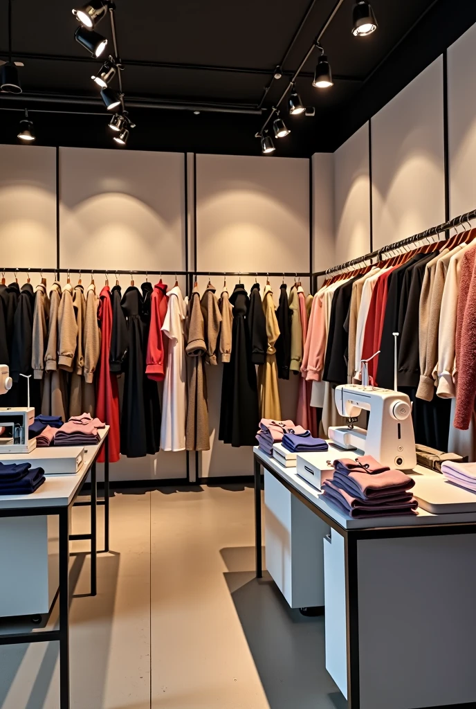 realistic photo of a women's clothing store without people, modern clothes, view from inside without windows, with industrial sewing machines