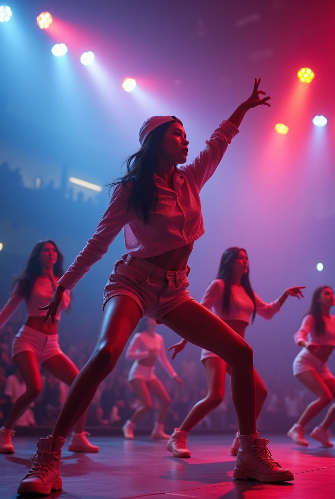 multi zoom up angle,realistic,8k,Beautiful multiple sexy hiphop asian dance team girls, rock dancers estilo love dance team live, dancing and singing for her fans at the stadium