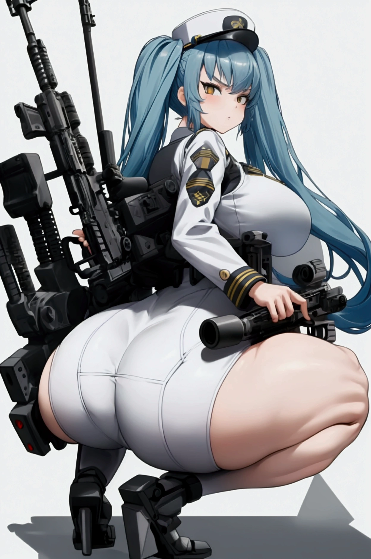 (privacy),(Light blue hair)、(Long twin tails)、(White tight military uniform),(White military cap)、(Nod),(True to prompts)、((look back))、((View your viewers))、(Rear View)、(Glaring with sharp eyes)、(Super big breasts),(Super big ass)、((Squat))、(Spread the word your legs)、(((Hold a machine gun)))、(Spread the word your ass)、(Spread the word)、(Busy Street)、(Many people々々々々々々々々々々々々々)、(sunny)、(blue sky)、(Best lighting)、{{{Browsing Caution}}}、{{{masterpiece}}}, {{{Highest quality}}}, {{ultra-detailed}}, {{shape}}, {{{Very delicate and beautiful}}},{{extremely detailed CG}}、{{unity 8k portrait}}、{{Fabric Shading}}、{{super detailed skin}}、{{Perfect Anatomy}}、{{detailed}}、{{Dynamic Lighting}}、{{{beautiful detailed eyes}}}、{{{beautiful detailed Face}}}、(Perfect Legs)、(Perfect breasts)、(Perfect pose)、(Perfect body)