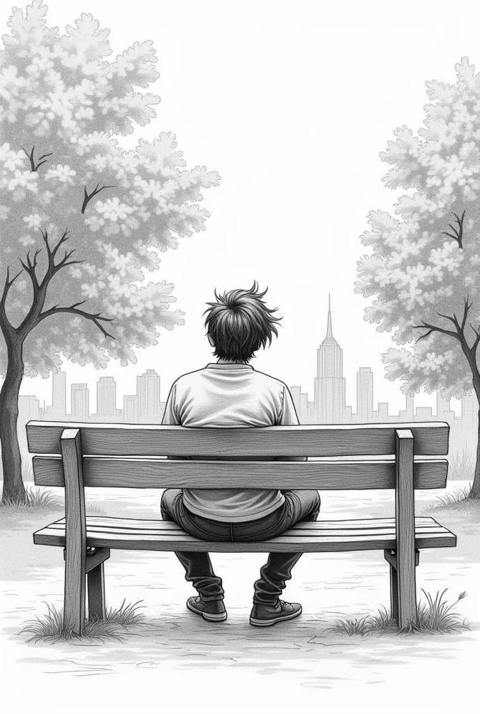 pencil sketch of a person sitting on a bench in an urban park, the person measures 1.Approximately 70m for the view to be lateral