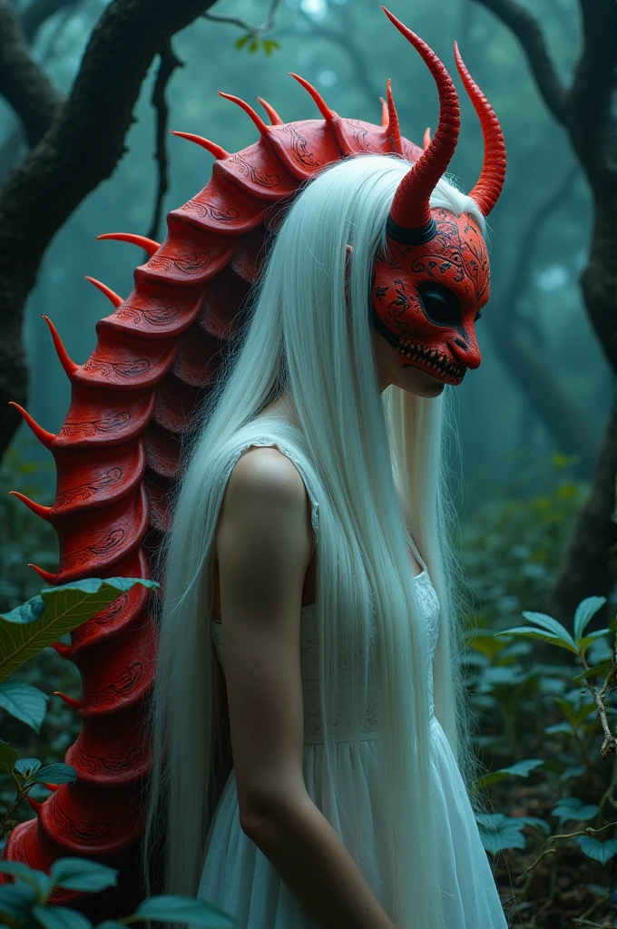 A red, caterpillar-like parasite with an oni mask.,Taking on a parasitic form, it latches onto a young woman with WHITE HAIR.