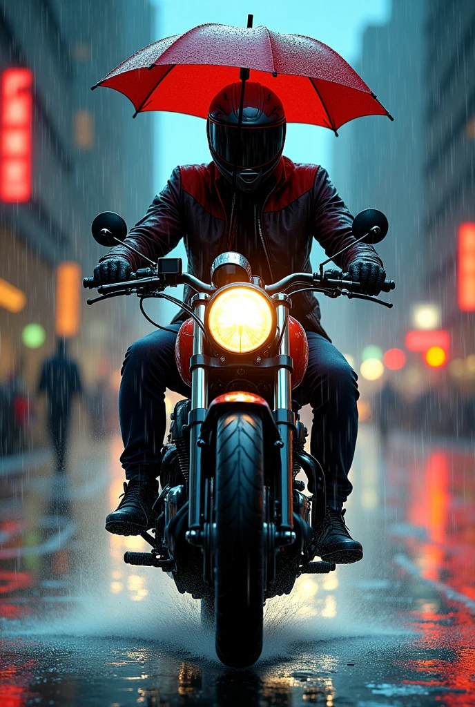 Motorcyclist with a helmet and a cap umbrella
Drawing