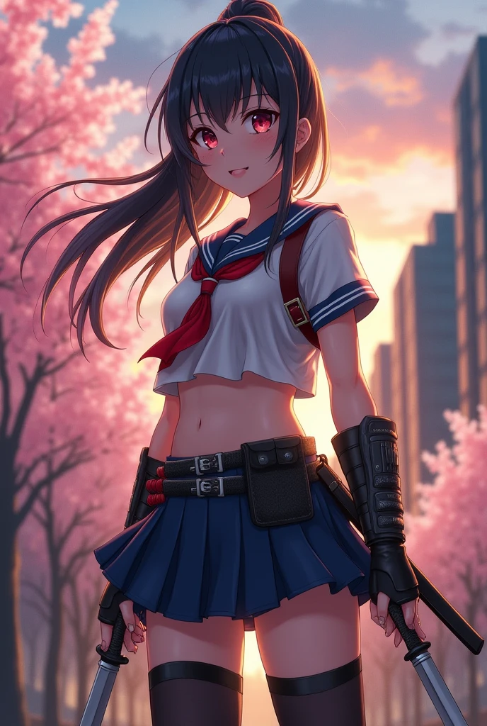 A sexy beautiful student girl,sexy japan uniform school modified to be a fighter, mini skirt, show stomach, gloves, daggers and weapons, thigh stocking