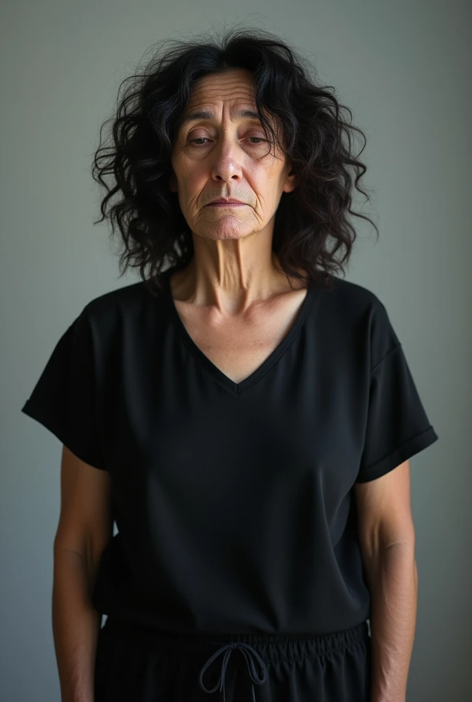 middle aged female patient, black curly hair, wrinkles on face, looks miserable due to overuse of medicine, black blouse, black jogging pants, tired emotion, transparent background