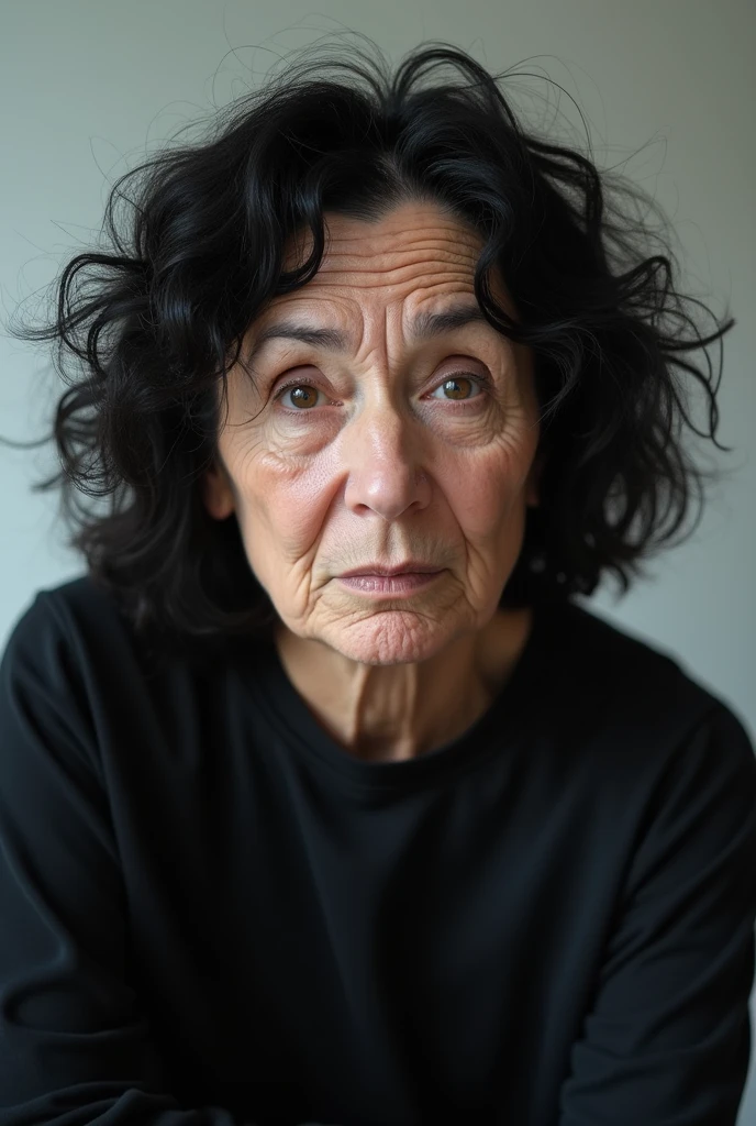 middle aged female patient, black curly hair, wrinkles on face, looks miserable due to overuse of medicine, black blouse, black jogging pants, tired emotion, transparent background