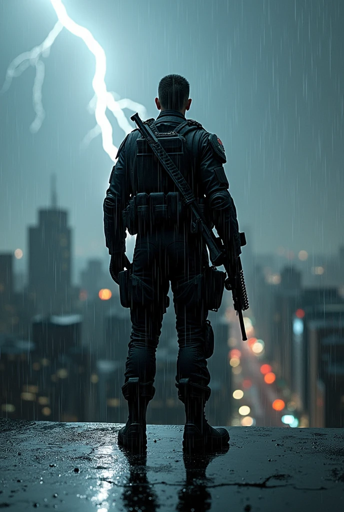 Create an image of a soldier on a raining roof, with the black clothes and with a gun on the back. Make the image in 3d with 4k. Make the rain more realistic and denser