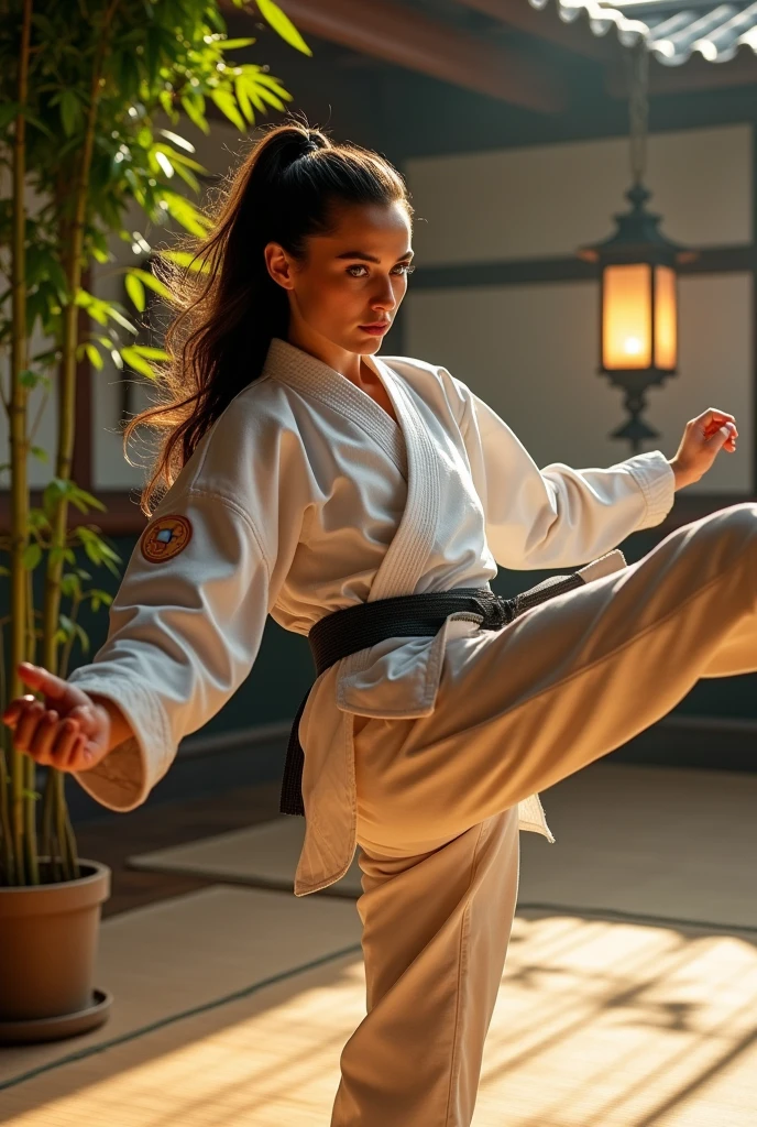 Make an image of one that looks like Danielle Rose Russell/ hope mikaelson as if she was doing karate, But it has to have the look of Hope Mikaelson from Legacies