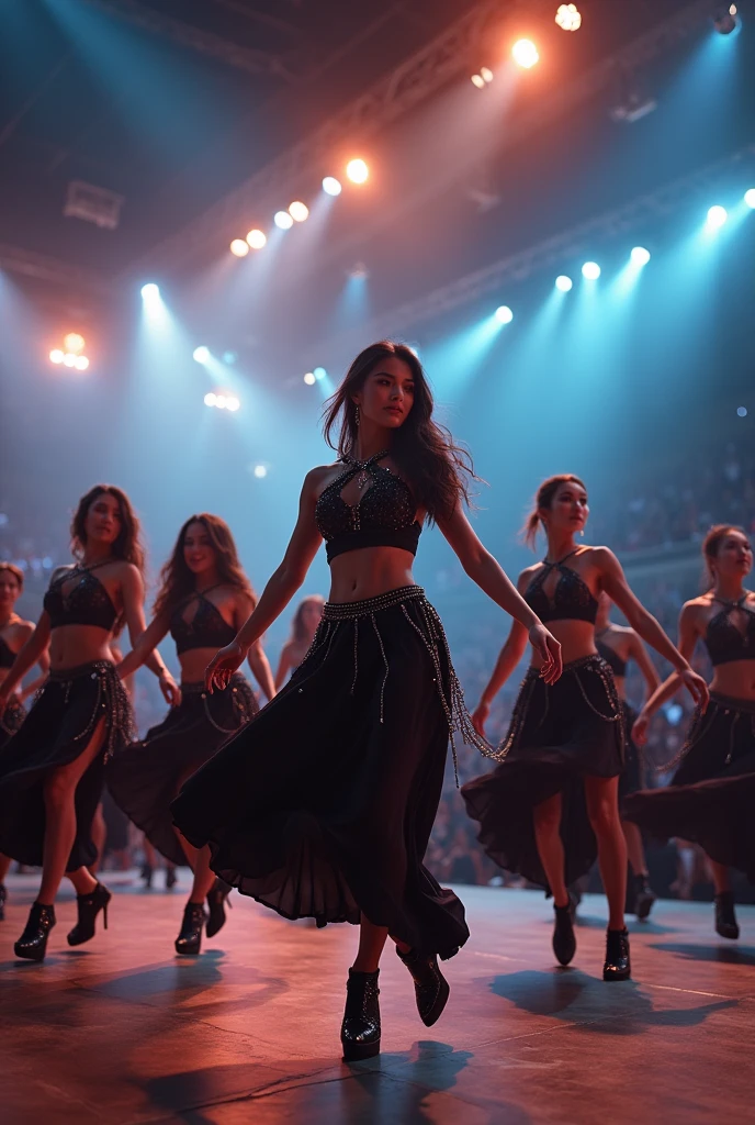 multi zoom up angle,realistic,8k,Beautiful multiple cool dark hiphop asian dance team girls, rock dancers estilo love dance team live, dancing and singing for her fans at the stadium