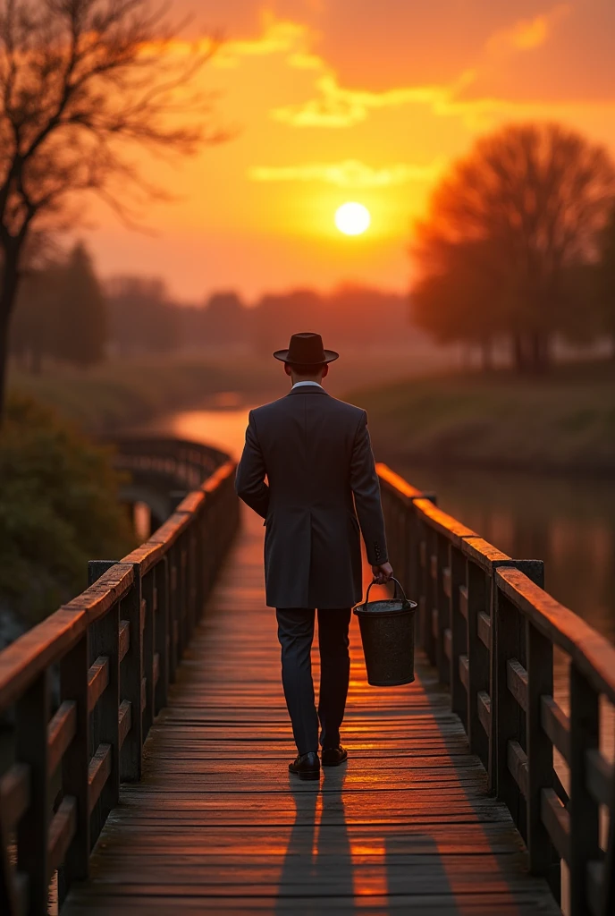 high qualiy, 8k Ultra HD, of a gentleman, carrying a bucket, on a bridge, photorealistic dinner, he has his back to the camera, In a sunset, camera angle from bottom to top, on the horizon line, with great depth