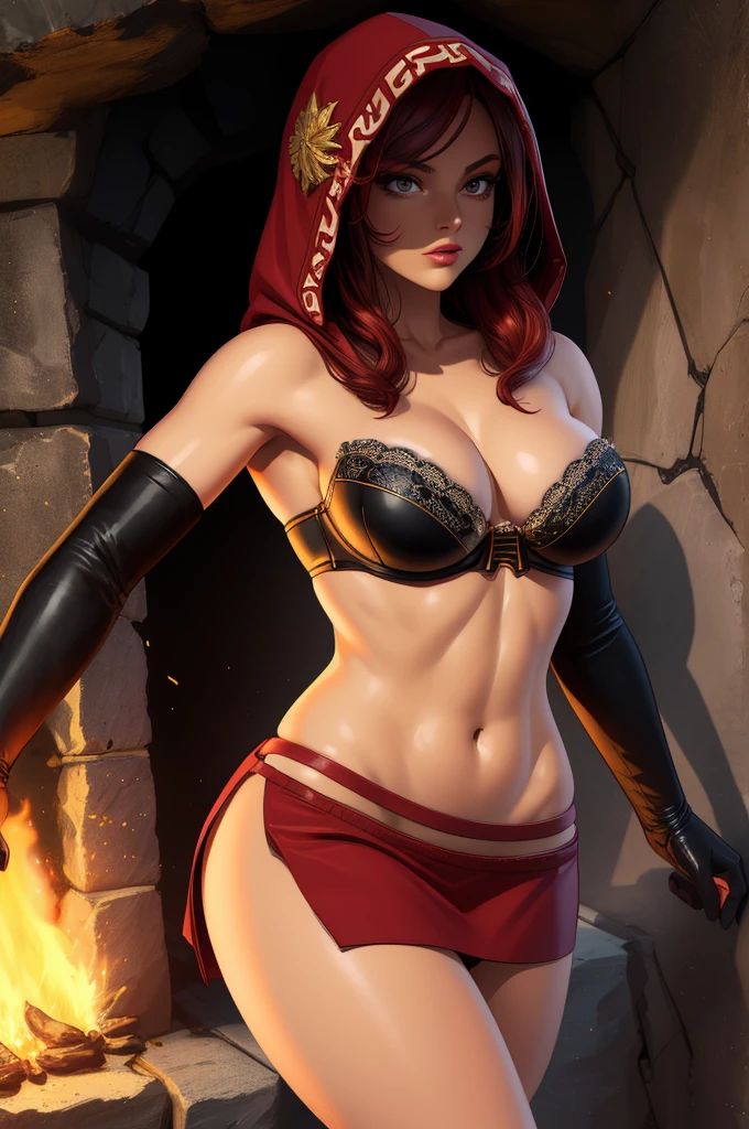 Dsorceress, redhair, shadowy face,dark cave, fire, hood, shadowed cute face, mini skimpy strapless bra, slim and athletic body, skinny thighs, skimpy slit miniskirt, no underwear, no panty, elbow gloves, dark skin, 1 girl (insanely detailed, masterpiece, best quality)