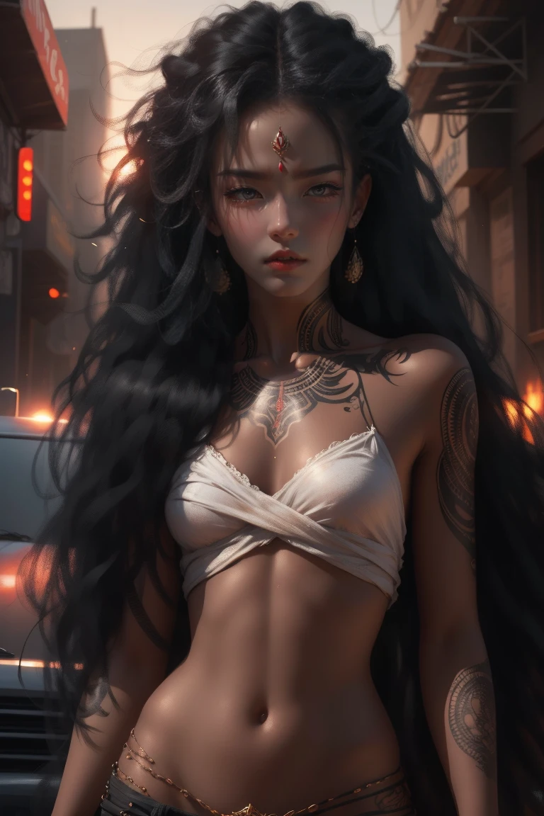 1 girl, african girl, 18 years old, Long wavy hair, detailed black eyes, beautiful lips, skinny, tattoo's, old school fashion, details Intricate, high qualiy, photorrealistic, cinematic lighting, dynamic pose, warm color tones