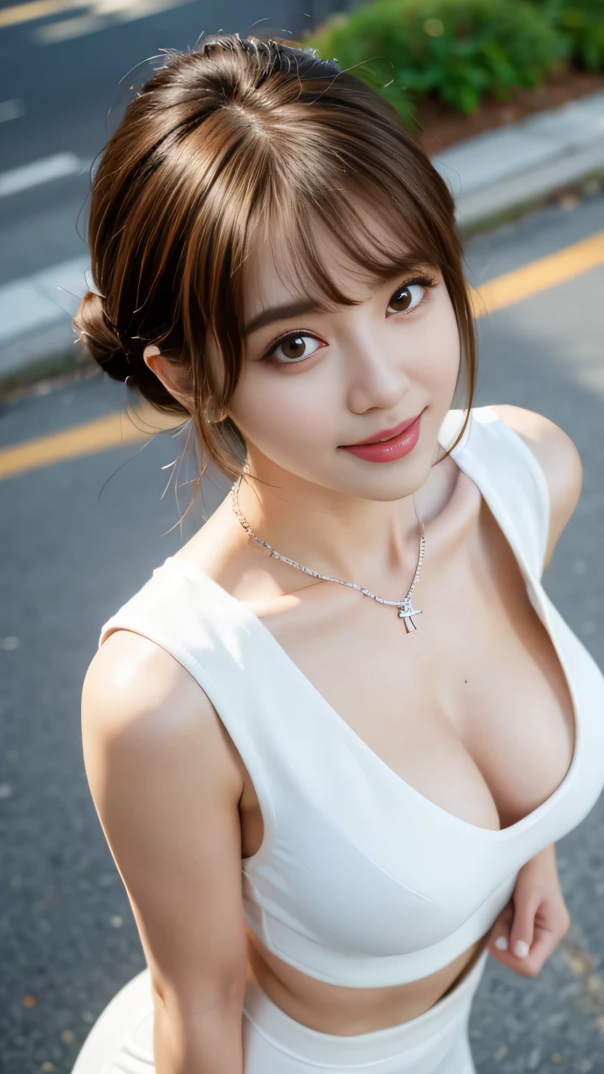seed:381696201,((from above:1.2)),((Highest quality, 8K, masterpiece: 1.3)), rich: 1.2, pretty girl 1, nipple erection, perfect beauty: 1.4, t-shirt, half pants, randall color: 1. 1, very Detailed face and skin texture, Fine-grained, Double eyelids, Beautiful white skin, ,Top quality, Super high res, You,1Girl,One,_Shiny_skin,Iris,Necklace, ((brown hair)),(lips)), Eyelashes, Bangs, Processing, Correction, Gloss, Pores, Skin texture, Big tits, Smile, Walk in park, ((Close up:1.1))