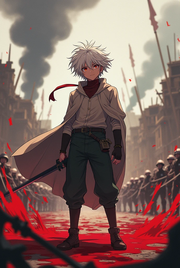 18-year-old male with a height of 1,73 meters, white hair, honey-colored eyes, and a smile in a blood-soaked battlefield.(anime)

