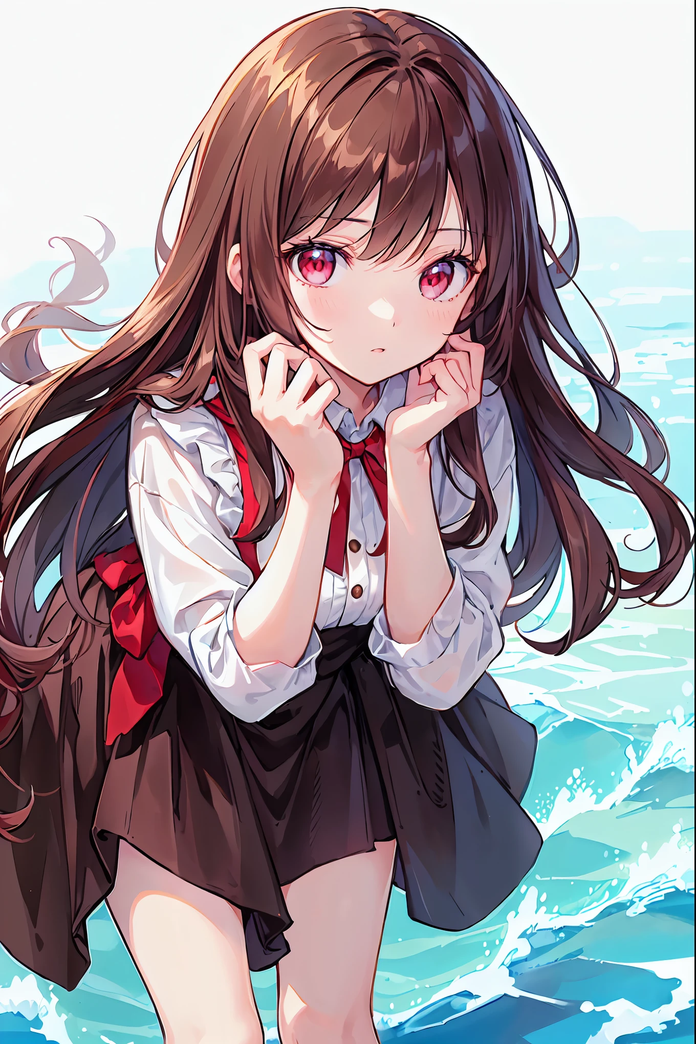 Place your hands on your knees, Top View, (look up:1.2), Tilting Head, (Leaning forward:1.5), masterpiece、Highest quality、 A 25-year-old woman with long wavy brown bangs and red eyes..、break sea'Wearing a white off-the-shoulder blouse.., embarrassing break, smile, Open your mouth, Are standing、Background bed、wood、plant、The upper body is shown、alone、