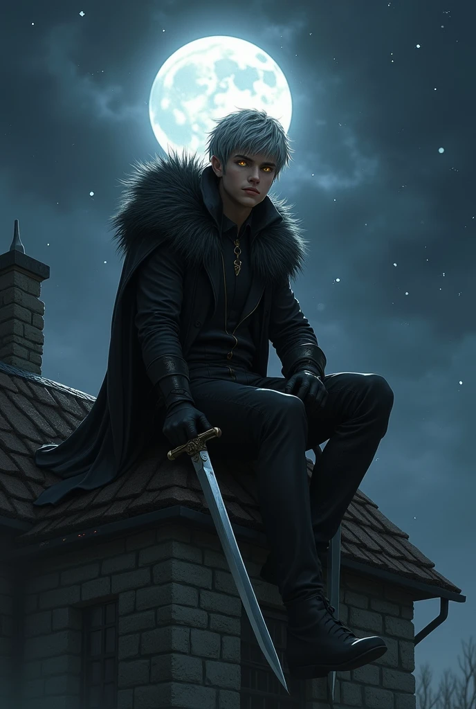 Draw a male character from Dungeons & Young dragons, of half-elf race, with brown skin, yellow eyes and short, gray hair, wearing black clothing and a hood with wolf fur. Standing on the roof of a house on a moonlit night, holding two daggers.