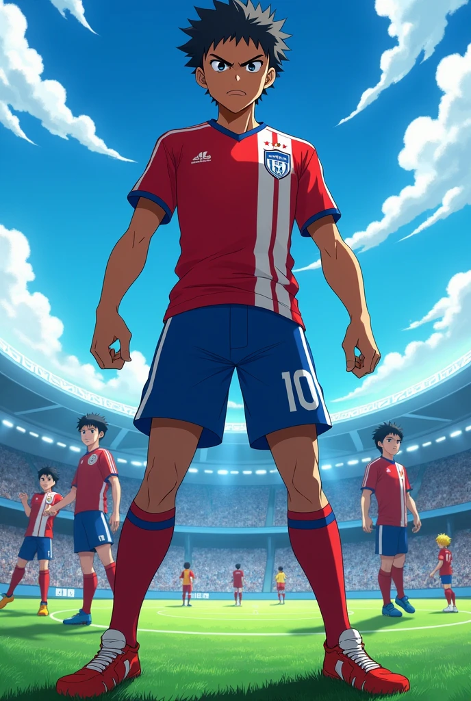 Black Japanese Inazuma Eleven Defender, anime styling, standing two meters tall with an angry face. But being a ager
