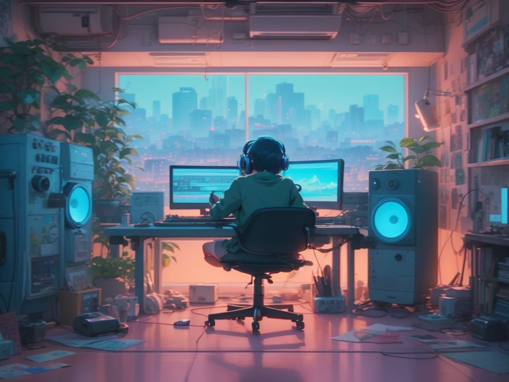 Disney pixar cartoon, a girl sitting at a desk with a computer and a monitor, Lofistyle, Lofi Style, atey ghailan 8k, lo-fi art, in the style of atey ghailan, praise vibes, Anime art wallpaper 4k, anime art wallpaper 4k, lofi girl, lofi hip hop, lofi feels