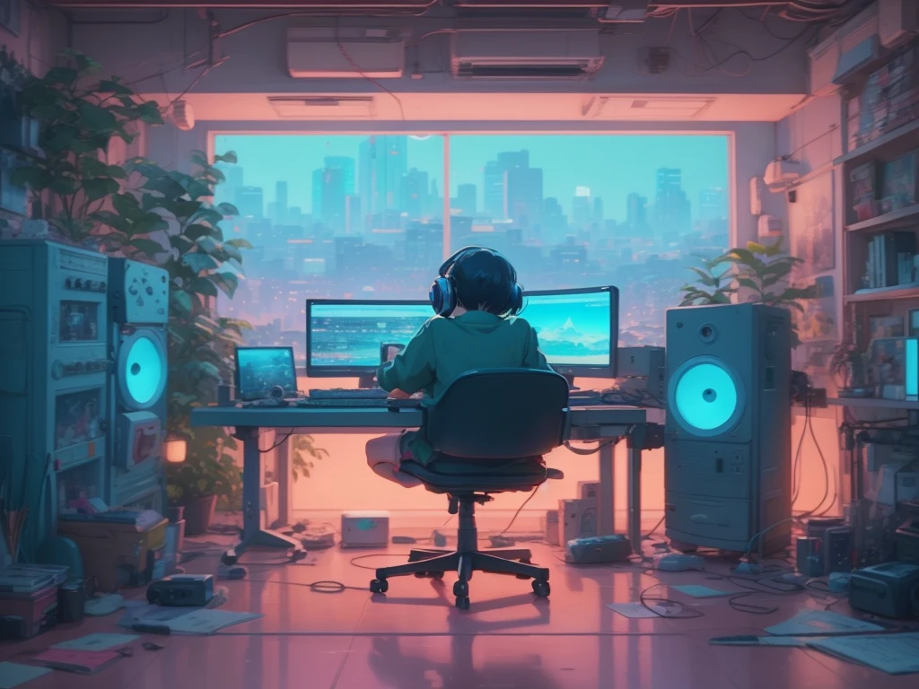 Disney pixar cartoon, a girl sitting at a desk with a computer and a monitor, Lofistyle, Lofi Style, atey ghailan 8k, lo-fi art, in the style of atey ghailan, praise vibes, Anime art wallpaper 4k, anime art wallpaper 4k, lofi girl, lofi hip hop, lofi feels