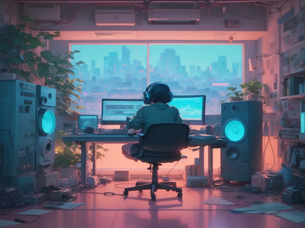 Disney pixar cartoon, a girl sitting at a desk with a computer and a monitor, Lofistyle, Lofi Style, atey ghailan 8k, lo-fi art, in the style of atey ghailan, praise vibes, Anime art wallpaper 4k, anime art wallpaper 4k, lofi girl, lofi hip hop, lofi feels