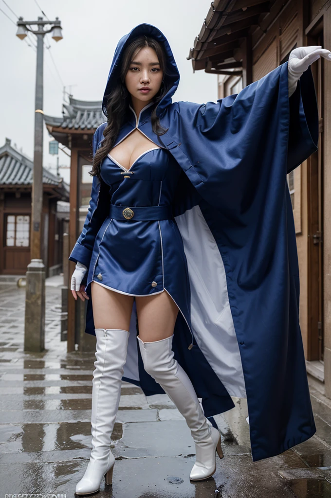 South korea walk women mystery hooded on with modern royal Blue coat with long and wide sleeves with buttons and royal Blue cape and very high white heel over the knee and white gloves, As she reveals a small secret hidden blade coming from his palm , adding to the character's mysterious and agile appearance, with small movements of air on the cape, in summer at night under the rain,medieval south korea house. sophisticated and highly detailed, ultra hd, realistic, hyper detailed, enhanced colours, ultra sharp focus, with vibrant, rich in details High quality, gorgeous, captivating, 8k, super detailed, stunning shadows, detailed lines, blood stain on coat and gloves, corpses in the street recently murdered