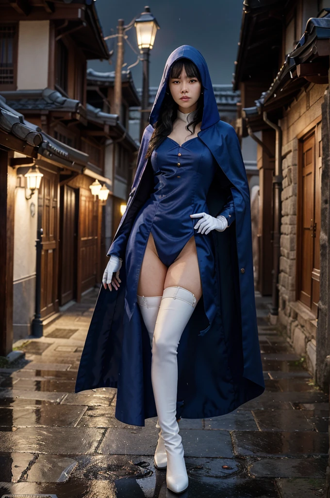 South korea walk women mystery hooded on with modern royal Blue coat with long and wide sleeves with buttons and royal Blue cape and very high white heel over the knee and white gloves, As she reveals a small secret hidden blade coming from his palm , adding to the character's mysterious and agile appearance, with small movements of air on the cape, in summer at night under the rain,medieval south korea house. sophisticated and highly detailed, ultra hd, realistic, hyper detailed, enhanced colours, ultra sharp focus, with vibrant, rich in details High quality, gorgeous, captivating, 8k, super detailed, stunning shadows, detailed lines, blood stain on coat and gloves, corpses in the street recently murdered
