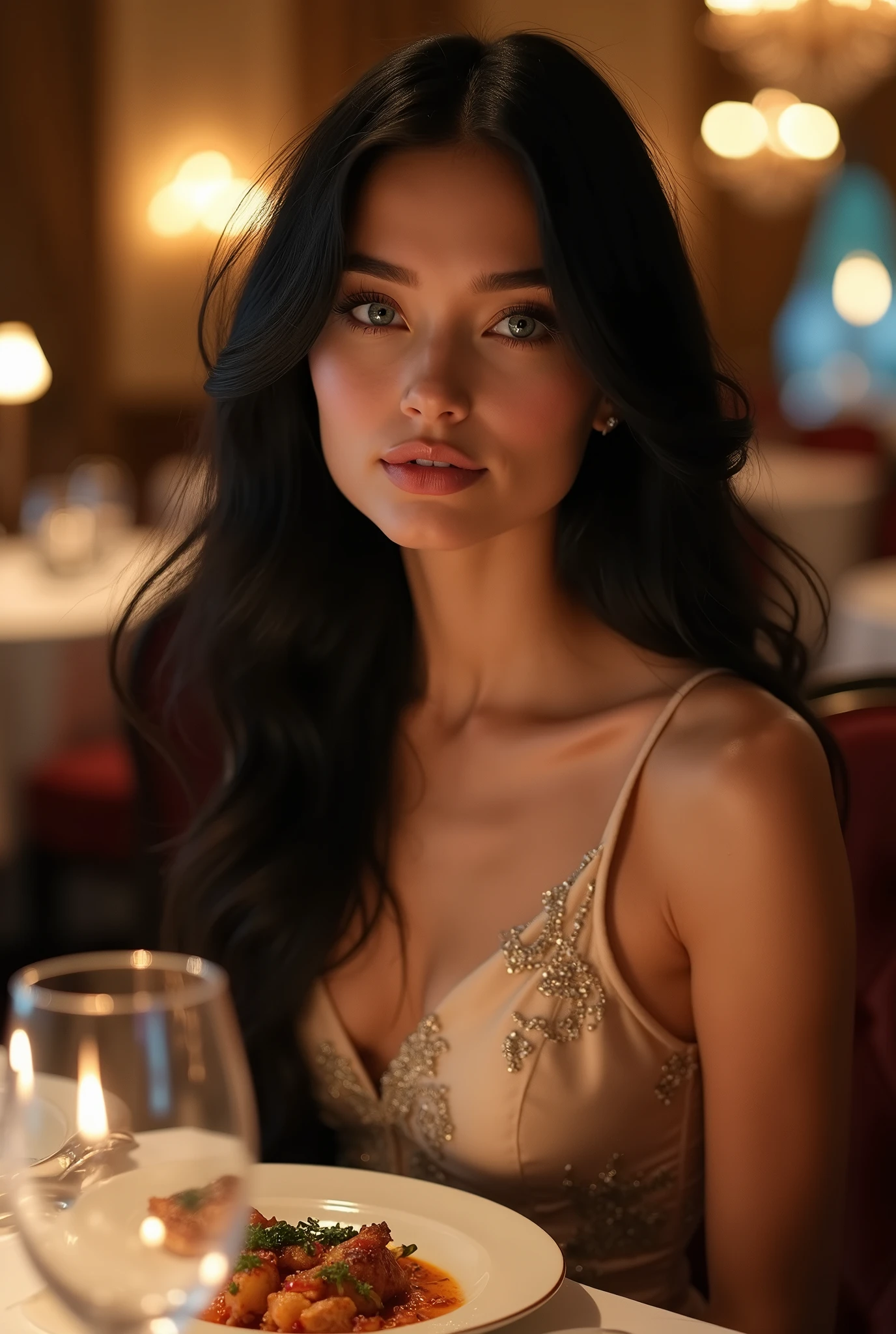 Beautiful 24 year old black haired girl with blue eyes with normal breasts and butt dined in an expensive restaurant dressed elegant and refined photorealistic, high quality, 4k, 8k, masterpiece, vivid and ultra detailed colors, HDR, studio lighting, sharp focus, physical