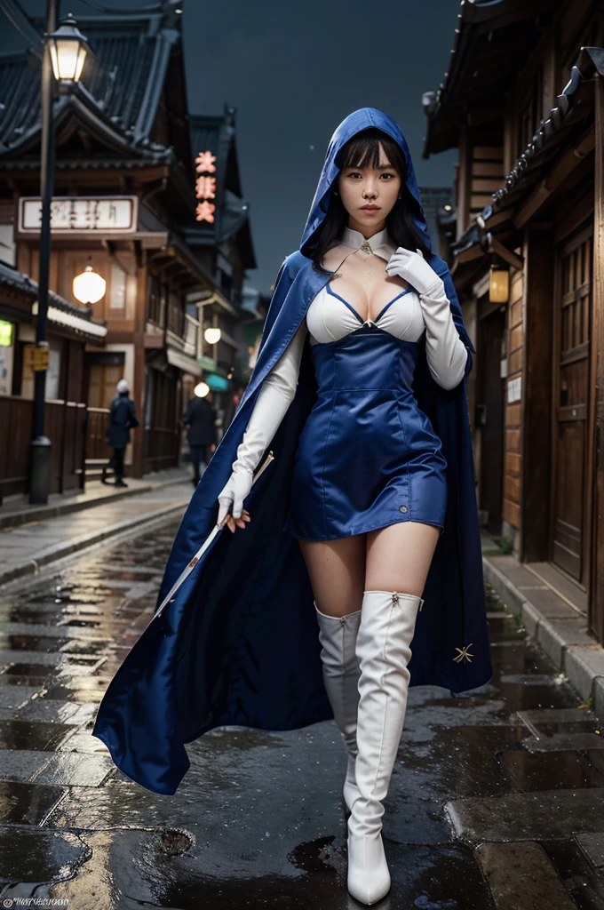 South korea walk women mystery hooded on with modern royal Blue coat with long and wide sleeves with buttons and royal Blue cape and very high white heel over the knee and white gloves, As she reveals a small secret hidden blade coming from his palm , adding to the character's mysterious and agile appearance, with small movements of air on the cape, in summer at night under the rain,medieval south korea house. sophisticated and highly detailed, ultra hd, realistic, hyper detailed, enhanced colours, ultra sharp focus, with vibrant, rich in details High quality, gorgeous, captivating, 8k, super detailed, stunning shadows, detailed lines, blood stain on coat and gloves, corpses in the street recently murdered
