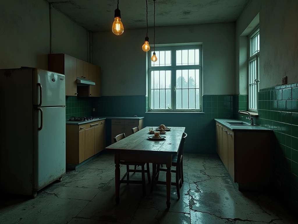 A photo of an abandoned Soviet kitchen. At night, rain and thick fog outside the window. Through the fog you can see tall Soviet panel houses, immersed in darkness. In the center of the photo - an abandoned kitchen. On the floor lie remnants of old linoleum, torn in several places, underneath it you can see the floorboards. In the corner of the kitchen - a bulky Soviet-era refrigerator with fogged glass, on the door - a rusty handle and a detached rubber seal. Next to the refrigerator - a dining group with a huge wooden table, covered with cracks and stains. On the table - an overturned plate with remnants of food, a glass with tea leaves at the bottom, stale bread. On the walls of the kitchen - remnants of Soviet tiles, in some places chipped and revealing black brickwork. Above the stove hang three light bulbs in plastic shades, two of them burned out, leaving only the pale light of one. On the window - bulky iron bars, and behind them - broken glass. Cold, damp air penetrates through cracks in the glass, but he can't drive away the fog, which filled the entire space of the kitchen. In the center of the room, on the ceiling, an old rope hangs with a noose at the end. She sways in the wind, like a ghost of the past. Colors: dark grey, brown, rusty, green, black. “Photorealistic” style, "gloomy", "abandoned", "Soviet".