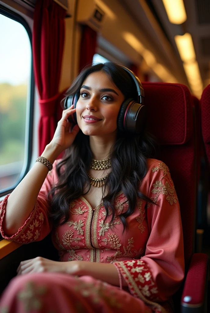 persian girl with big breasts, with headphones enjoying music. She is 20 years old, sitting in a train, Thalys from paris .wearing half indian half modern clothes,