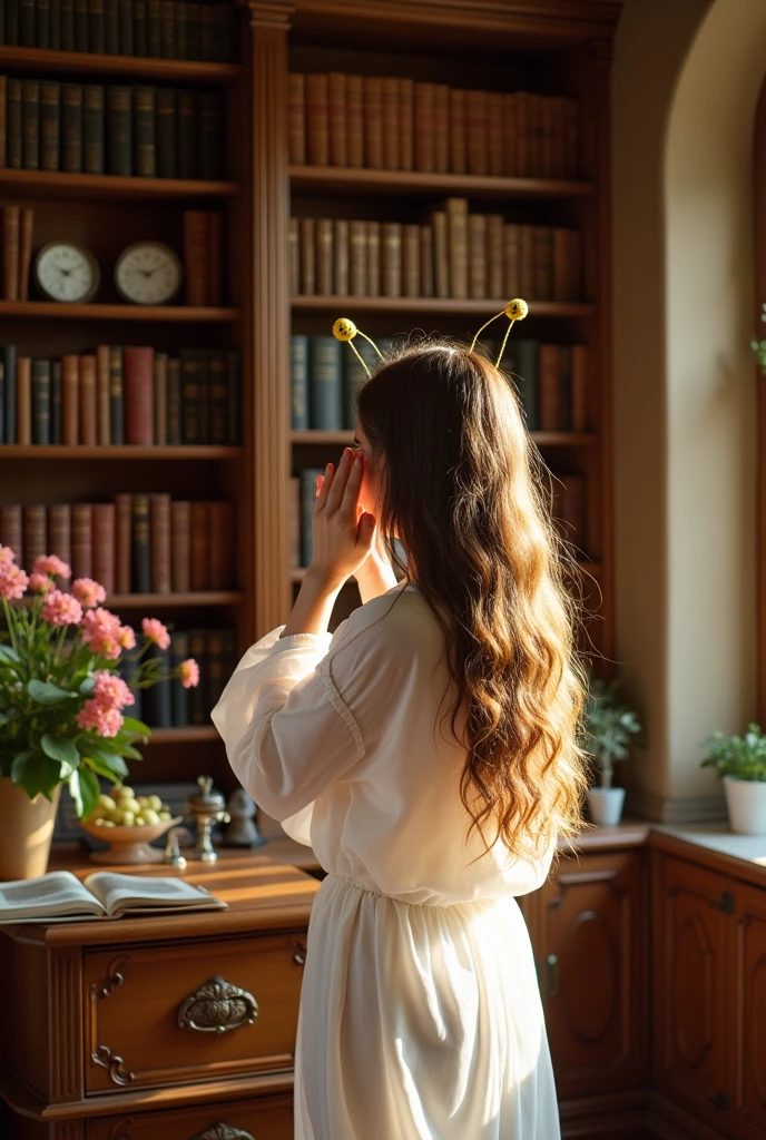 18-year-old girl with long brown hair and a bee antenna, She is wearing a white robe, breastsout, in her luxurious bookcase getting ready to go to a party