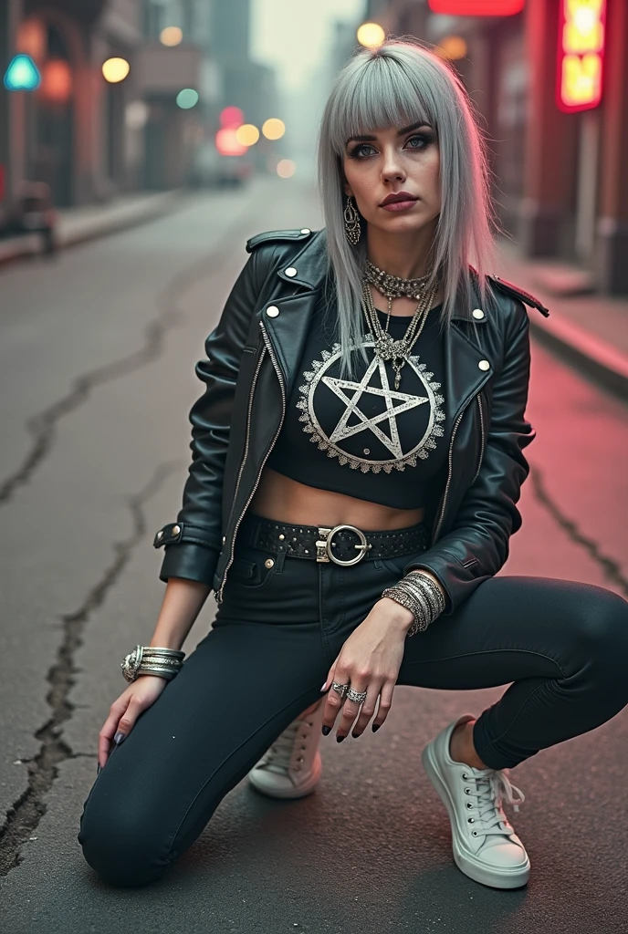 russian milf woman, biker gang member, grey hair (straight, middle part, fringe), with very light blue eyes, extremely pale, heavy eye shadows. Thin. Sad face, smeared excessive make up and lipstick Wearing black moto jacket, cropped t-shirt with inverted pentacle logo, skinny black jeans and white tennis sneakers . Lots of metallic bracelets and pendants. Tacky leather belt with oversized, excessive silver buckle. Hands touching her heart, kneeling in the street. Wide loop earrings.