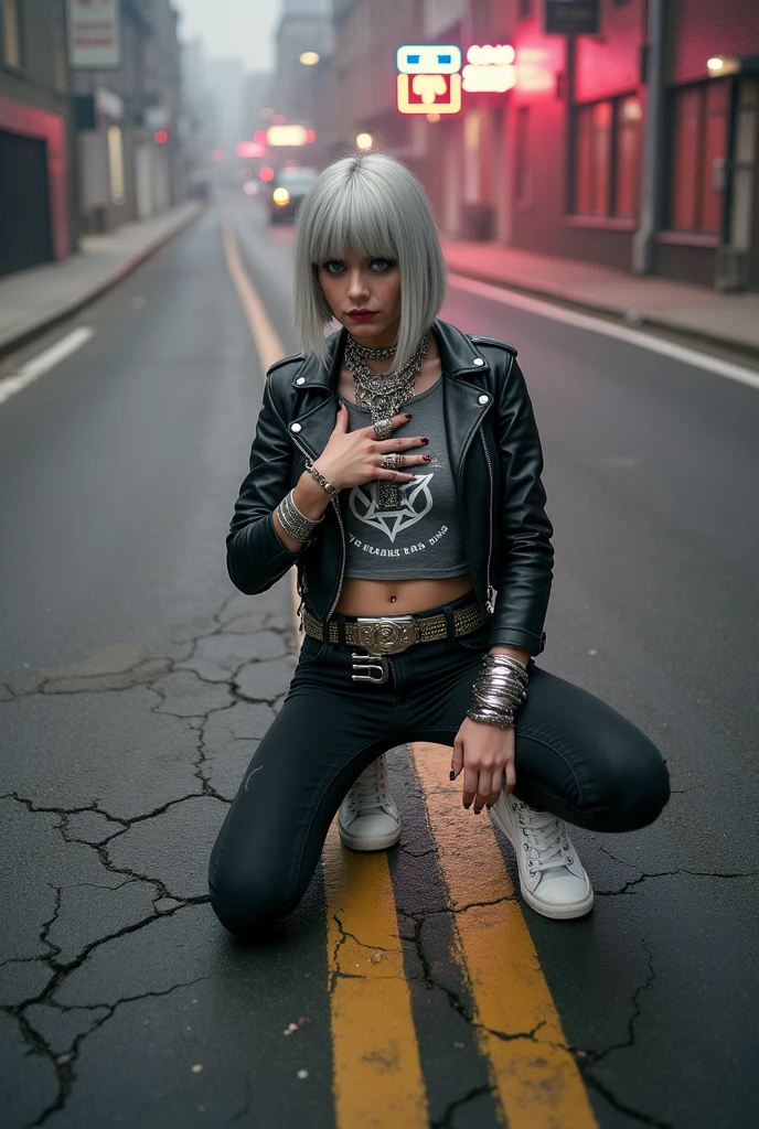 russian milf woman, biker gang member, grey hair (straight, middle part, fringe), with very light blue eyes, extremely pale, heavy eye shadows. Thin. Sad face, smeared excessive make up and lipstick Wearing black moto jacket, cropped t-shirt with inverted pentacle logo, skinny black jeans and white tennis sneakers . Lots of metallic bracelets and pendants. Tacky leather belt with oversized, excessive silver buckle. Hands touching her heart, kneeling in the street. Wide loop earrings.