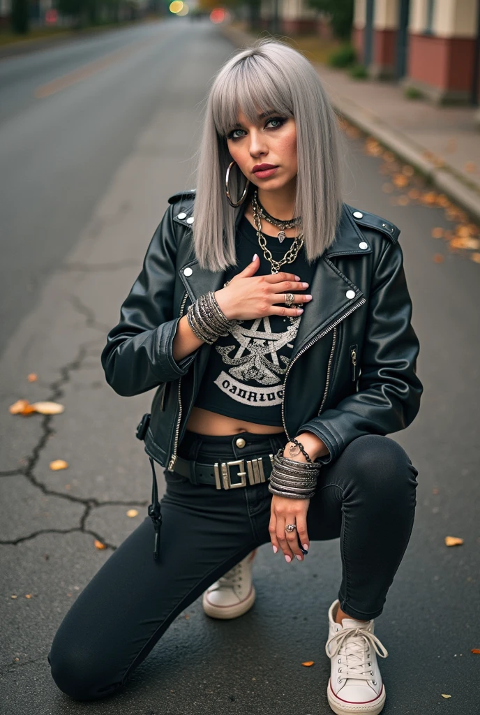 russian milf woman, biker gang member, grey hair (straight, middle part, fringe), with very light blue eyes, extremely pale, heavy eye shadows. Thin. Sad face, smeared excessive make up and lipstick Wearing black moto jacket, cropped t-shirt with inverted pentacle logo, skinny black jeans and white tennis sneakers . Lots of metallic bracelets and pendants. Tacky leather belt with oversized, excessive silver buckle. Hands touching her heart, kneeling in the street. Wide loop earrings. 