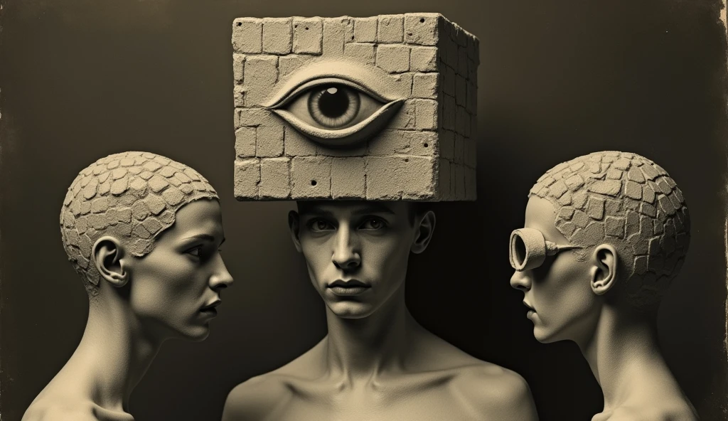 ((Very old photograph in sepia tone only)), Surreal, monochromatic image featuring three human figures with unique, abstract headgear. The central figure has a large, cube-like structure covering their head, with a single, prominent eye in the middle. The headgear is composed of numerous small, square blocks, creating a textured, grid-like appearance. The two smaller figures on either side have similar headgear, also with a single eye in the center. The background is dark and textured, adding to the eerie and mysterious atmosphere. The figures' skin appears to be a pale, grayish tone, and their facial features are partially obscured by the headgear. The overall composition is symmetrical, with the central figure being the focal point. supernatural atmosphere of the scene, horrified, deceptive, insane, disturbing, shocking, vintage, old film:1.5), (inspired by Zdzislaw Beksinski and Wayne Barlowe), cgsociety, art deco, 1920s, hyperdetailed, 1920s Hellraiser film, digital illusions, photorealistic, artistic visuals inspired by Fritz Lang. ((motion picture film)), ultra-detailed, chiaroscuro, RAW photo, cinematic, artstation style, concept art, masterpiece, 8k, black and white, realistic textures, 3D rendering