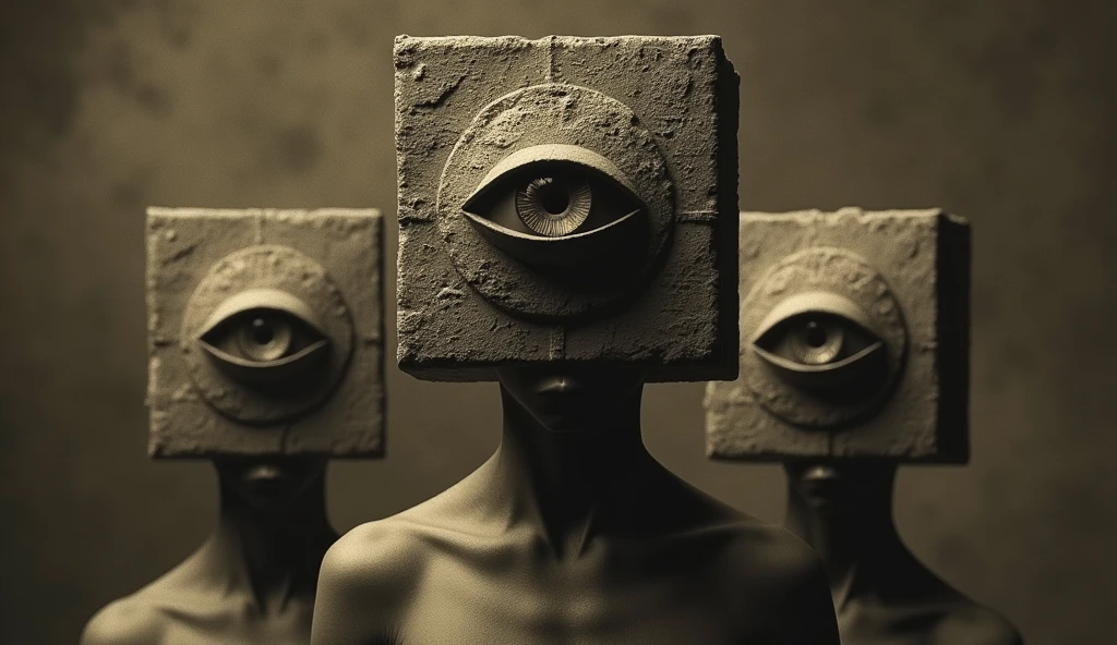((Very old photograph in sepia tone only)), Surreal, monochromatic image featuring three human figures with unique, abstract headgear. The central figure has a large, cube-like structure covering their head, with a single, prominent eye in the middle. The headgear is composed of numerous small, square blocks, creating a textured, grid-like appearance. The two smaller figures on either side have similar headgear, also with a single eye in the center. The background is dark and textured, adding to the eerie and mysterious atmosphere. The figures' skin appears to be a pale, grayish tone, and their facial features are partially obscured by the headgear. The overall composition is symmetrical, with the central figure being the focal point. supernatural atmosphere of the scene, horrified, deceptive, insane, disturbing, shocking, vintage, old film:1.5), (inspired by Zdzislaw Beksinski and Wayne Barlowe), cgsociety, art deco, 1920s, hyperdetailed, 1920s Hellraiser film, digital illusions, photorealistic, artistic visuals inspired by Fritz Lang. ((motion picture film)), ultra-detailed, chiaroscuro, RAW photo, cinematic, artstation style, concept art, masterpiece, 8k, black and white, realistic textures, 3D rendering