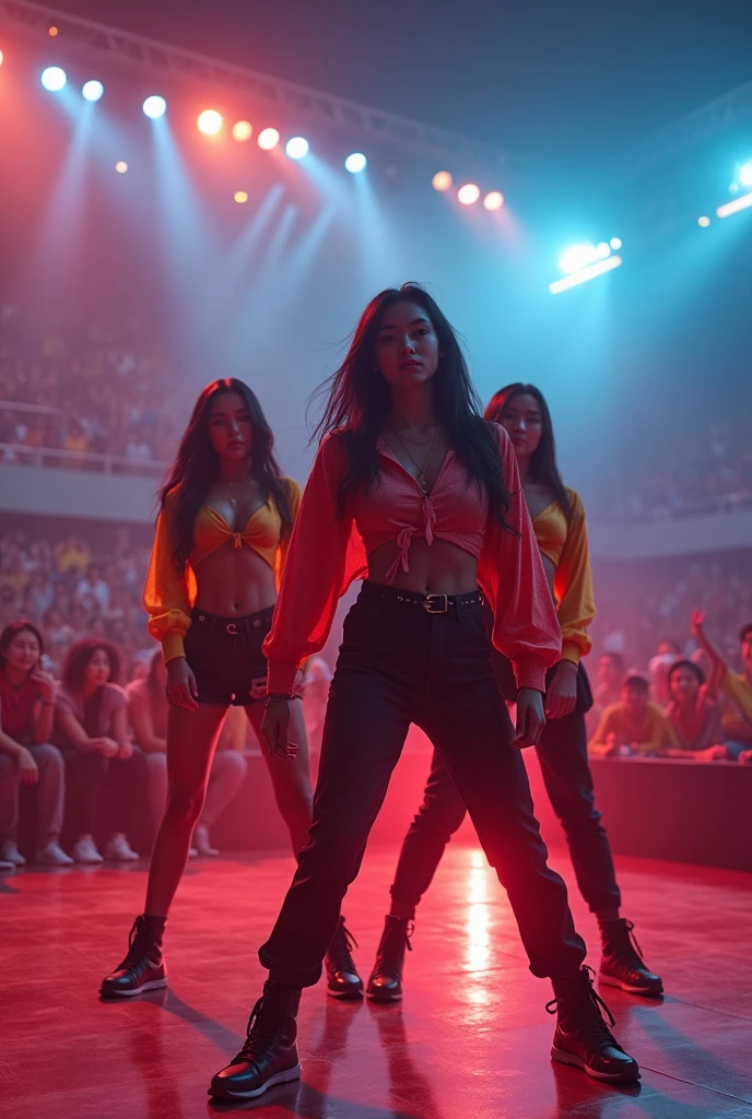 multi zoom up angle,realistic,8k,Beautiful multiple cool dark hiphop asian dance team girls, rock dancers estilo love dance team live, dancing and singing for her fans at the stadium