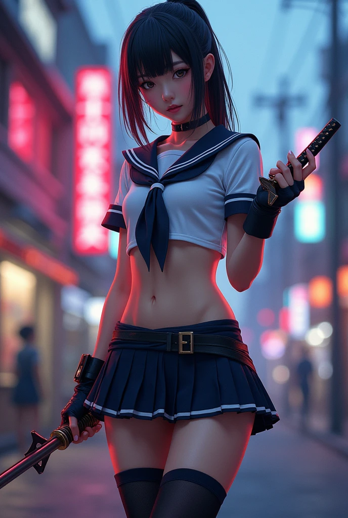 A sexy beautiful student girl,sexy japan uniform school modified to be a fighter, mini skirt, show stomach, gloves, weapons, thigh stocking, photo realistic