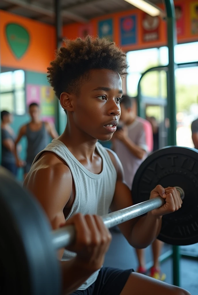 A brown teenager working out at the gym