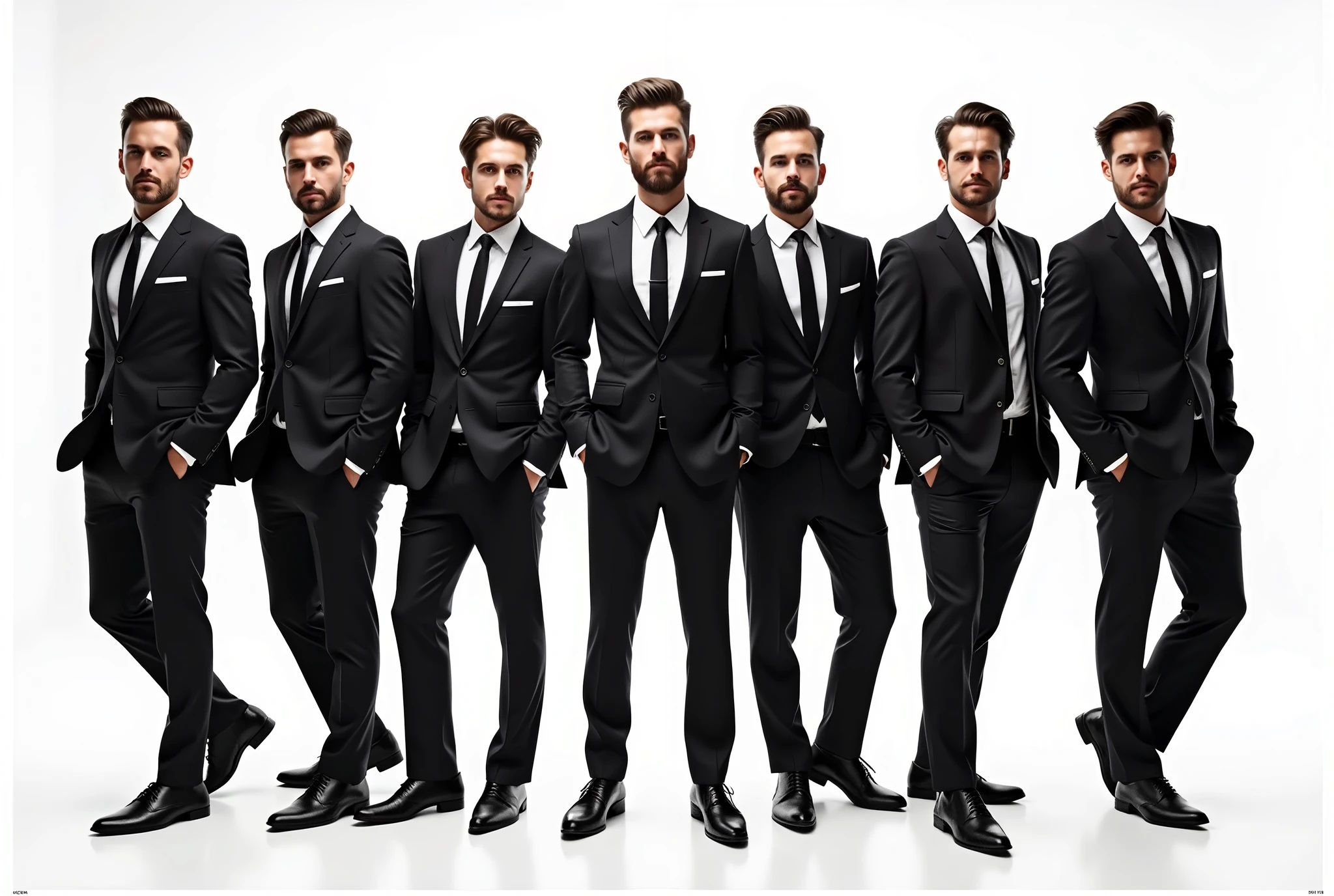 poster of men wearing suits ,elegant , class , models ,full body , white background , photoshooting , diffirent poses , high quality