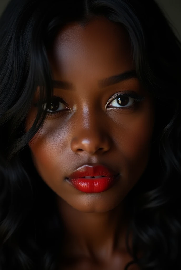 Close-up image, ( masterpiece,black background :1.5) , 8k , (atmospheric depth:1.2) , (vivid illuminlation:1.2) , (enchanting elegance:1.2) ,A black girl with soft, loose black hair, black eyes, red lips, a black dress, and side cinema lighting. , portrait ,