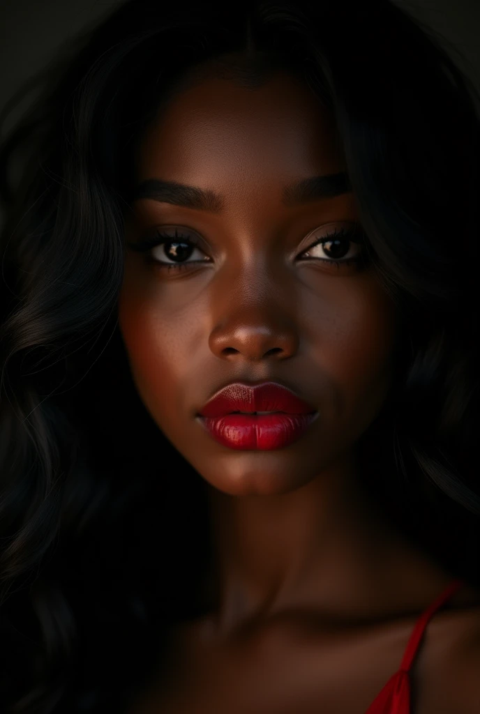 Close-up image, ( masterpiece,black background :1.5) , 8k , (atmospheric depth:1.2) , (vivid illuminlation:1.2) , (enchanting elegance:1.2) ,A black girl with soft, loose black hair, black eyes, red lips, a black dress, and side cinema lighting. , portrait ,