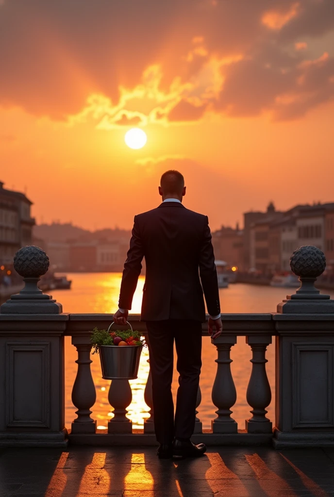 high qualiy, 8k Ultra HD, of a gentleman, carrying a bucket, on a bridge, photorealistic dinner, he has his back to the camera, In a sunset, camera angle from bottom to top, on the horizon line, with great depth