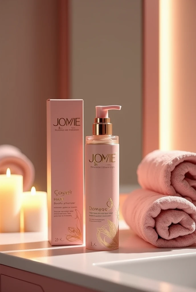 Hair treatment product for damaged hair, whose container must be premium line in gold and pink with a push dispenser type with innovative design with the brand name JOME and its respective box