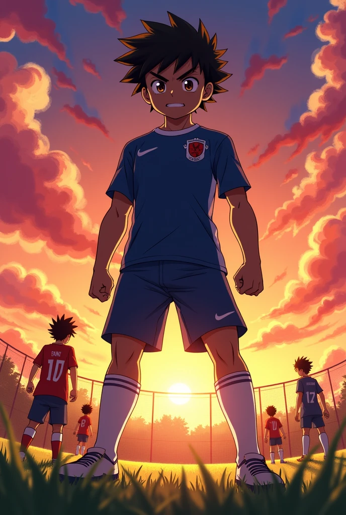 Black Japanese Inazuma Eleven Defender, anime styling, standing two meters tall with an angry face. But being a teenager, with muscles