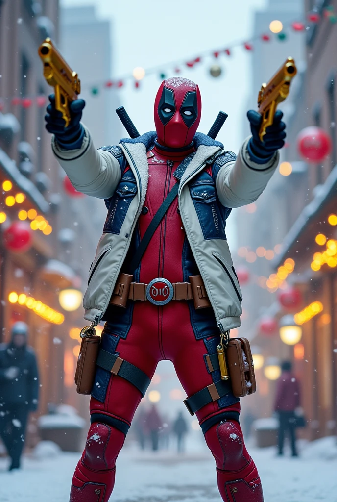 Full-body Deadpool wearing a white and blue Cinnamorol character jacket shooting his golden pistols in a snowy city
