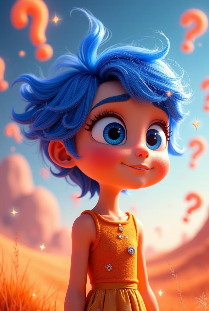 Create an AI character inspired by the emotion of curiosity from the movie 'Inside Out'. It should have the following characteristics:
Skinned: Slightly red, with a soft and not very intense tone.
hairs: blue, with a playful and vibrant style, possibly in a voluminous format or with highlights.
vestimentas: orange, with a design that is cheerful and captivating, reflecting a curious and lively personality.
Facial expression: An intrigued and interested look, with raised eyebrows and a slight smile to convey the feeling of curiosity