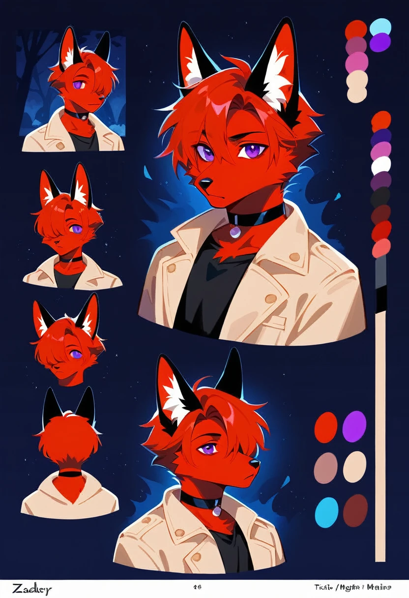 (Artist by zackary911, 8k, high quality, detailed eyes and fur, night, residents background), solo, male fox, anthro, red satured fur, red body, male body, purple eyes, black ears, red hair, short hair, hair cover eye, hands white, choker, eyeliner black, beige jacket, black shirt,. (masterpiece, ultra detailed, best quality)(style of RPG)(concept art, character sheet)absurdres, perfect ???????(furry anthro),