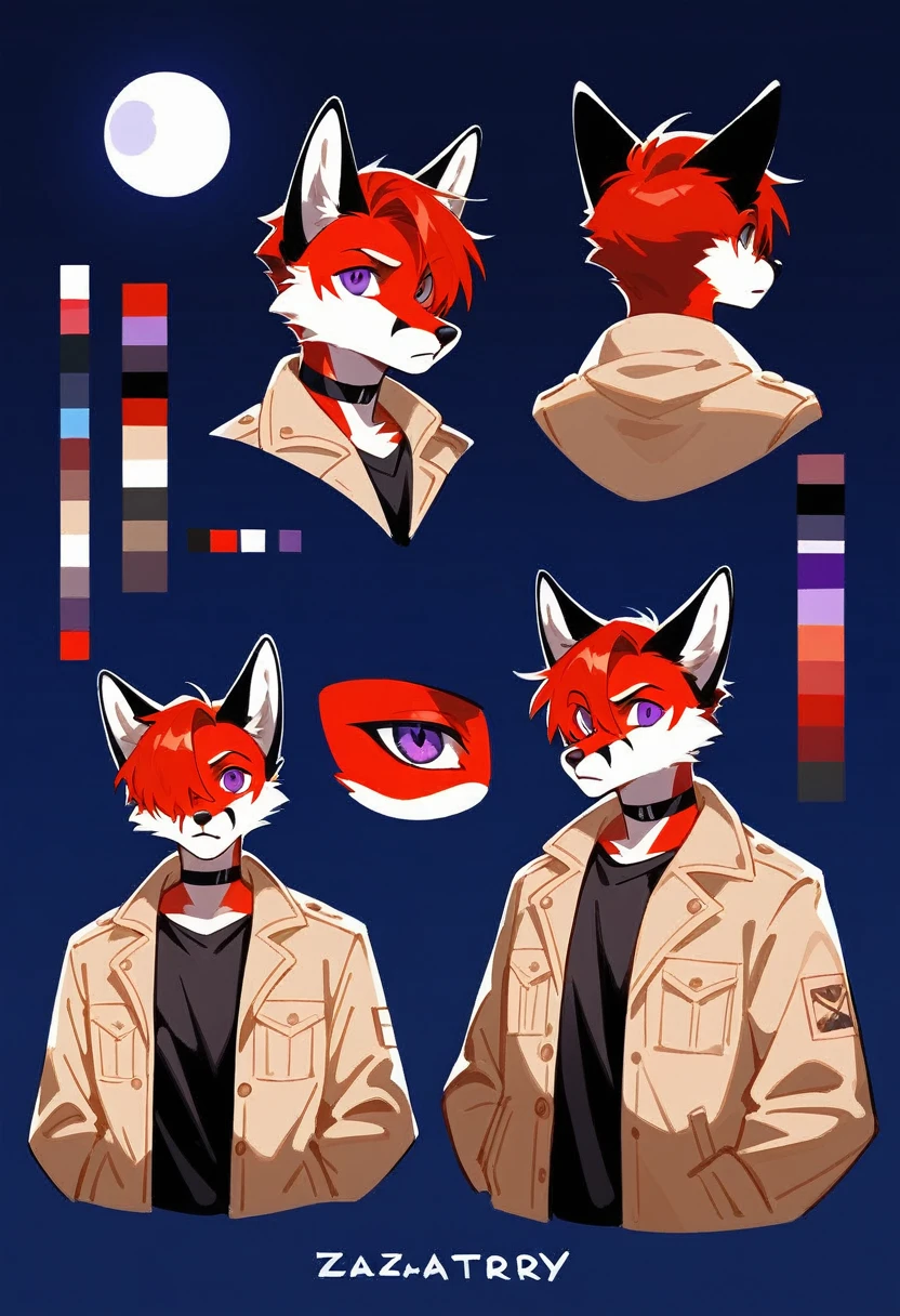 (Artist by zackary911, 8k, high quality, detailed eyes and fur, night, residents background), solo, male fox, anthro, red satured fur, red body, male body, purple eyes, black ears, red hair, short hair, hair cover eye, hands white, choker, eyeliner black, beige jacket, black shirt,. (masterpiece, ultra detailed, best quality)(style of RPG)(concept art, character sheet)absurdres, perfect anatomy(furry anthro),